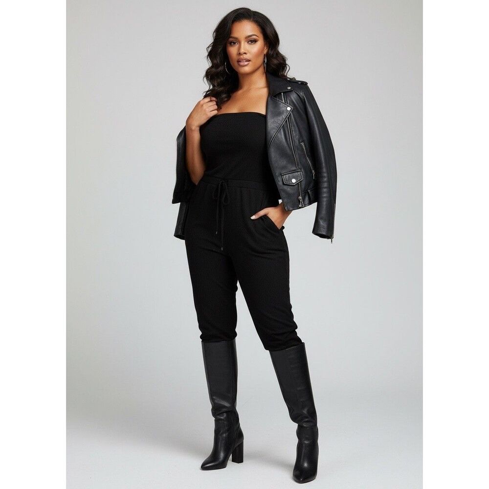 A. Ellen Womens Black Ribbed Strapless Jumpsuit Drawstring Ruched Ankle Hem